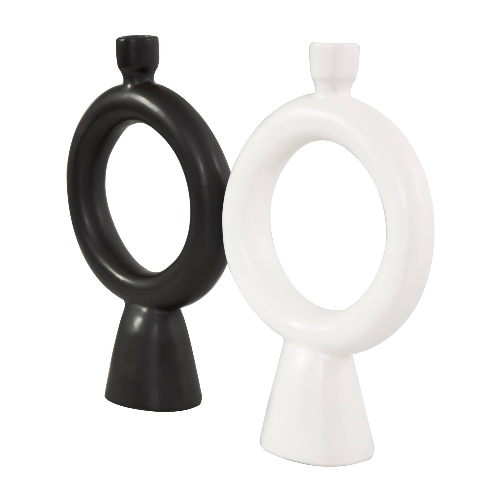 CosmoLiving by Cosmopolitan 12" Black & White Ceramic Geometric Ring Taper Candle Holder Set